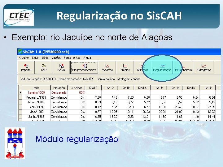 Regularização no Sis. CAH • Exemplo: rio Jacuípe no norte de Alagoas Módulo regularização