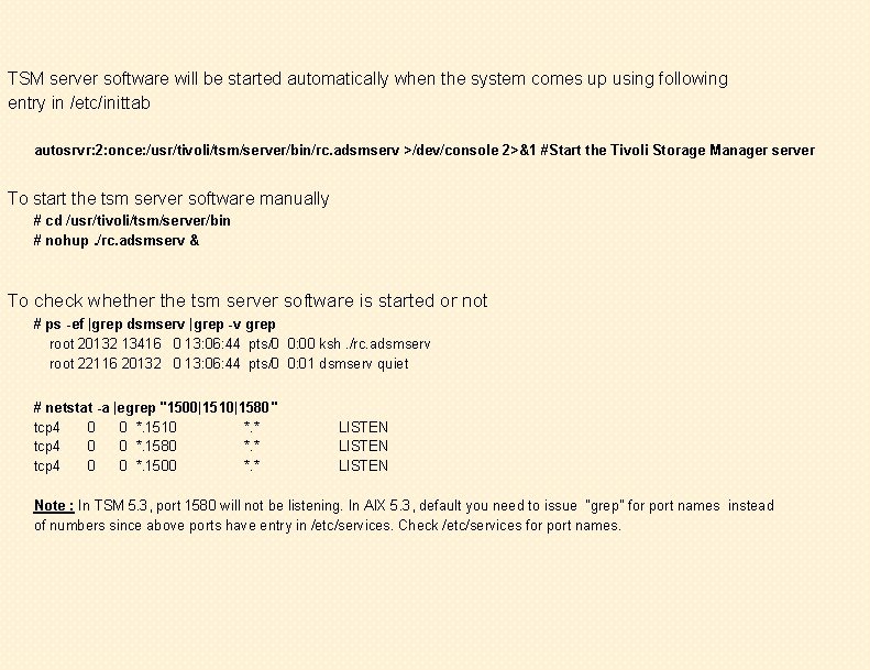 TSM server software will be started automatically when the system comes up using following