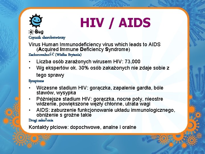 HIV / AIDS Czynnik chorobotwórczy Virus Human Immunodeficiency virus which leads to AIDS (Acquired