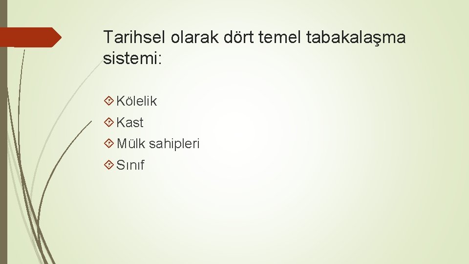 Tarihsel olarak dört temel tabakalaşma sistemi: Kölelik Kast Mülk sahipleri Sınıf 