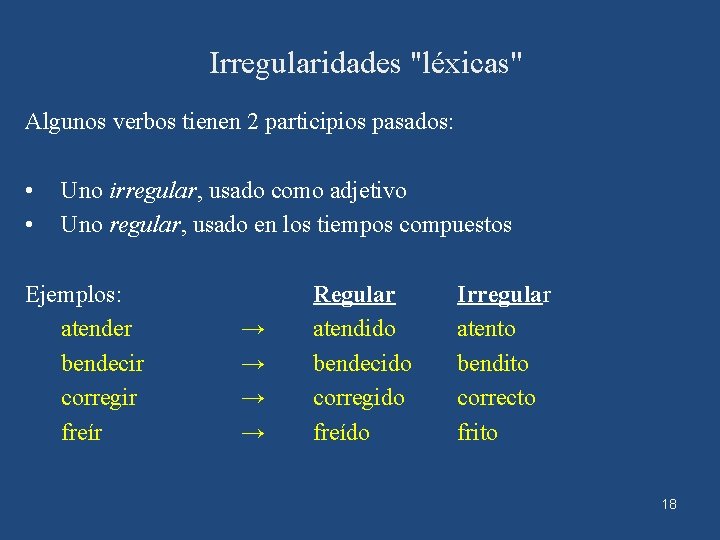 Irregularidades ''léxicas'' Algunos verbos tienen 2 participios pasados: • • Uno irregular, usado como