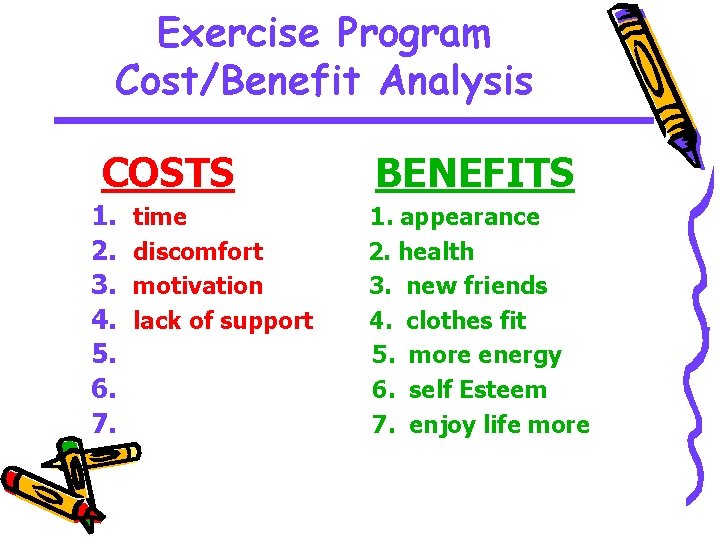 Exercise Program Cost/Benefit Analysis COSTS 1. 2. 3. 4. 5. 6. 7. time discomfort