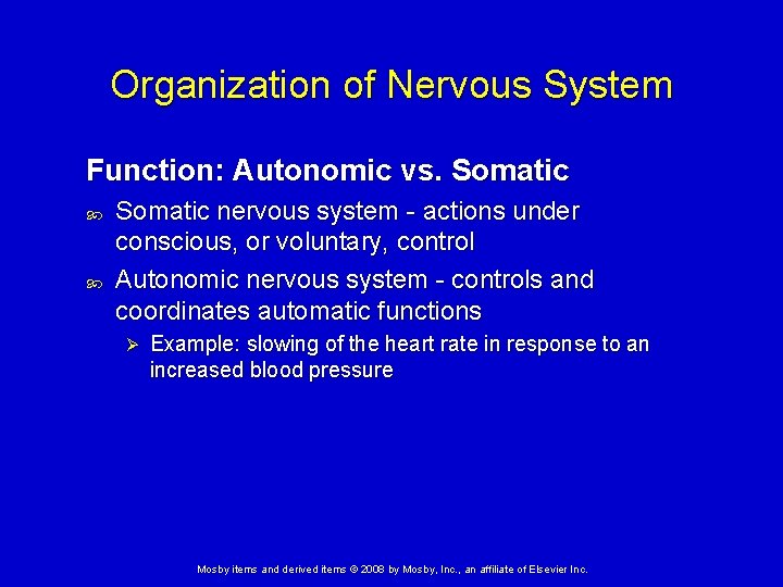 Organization of Nervous System Function: Autonomic vs. Somatic nervous system - actions under conscious,