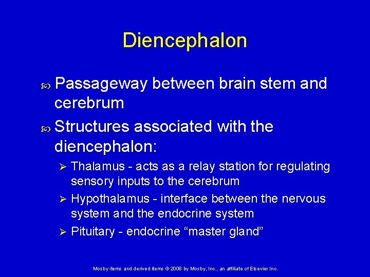 Diencephalon Passageway between brain stem and cerebrum Structures associated with the diencephalon: Thalamus - Diencephalon Passageway between brain stem and cerebrum Structures associated with the diencephalon: Thalamus -