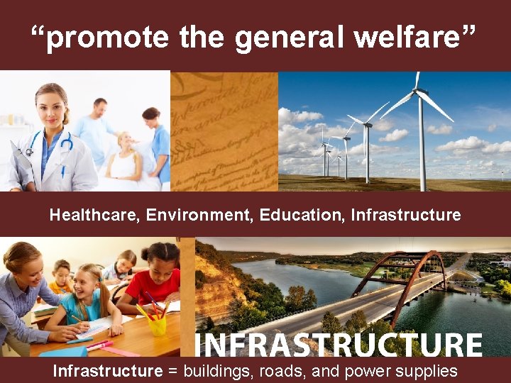 “promote the general welfare” Healthcare, Environment, Education, Infrastructure = buildings, roads, and power supplies