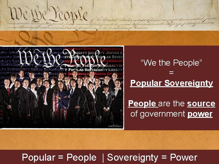 “We the People” = Popular Sovereignty People are the source of government power Popular