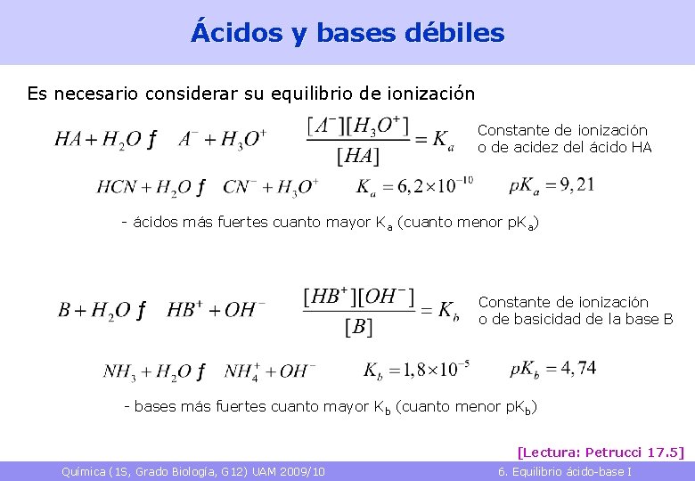 Ácidos y bases débiles Es necesario considerar su equilibrio de ionización Constante de ionización