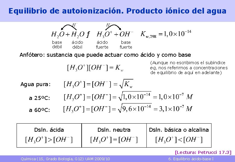 Equilibrio de autoionización. Producto iónico del agua base débil ácido fuerte base fuerte Anfótero: