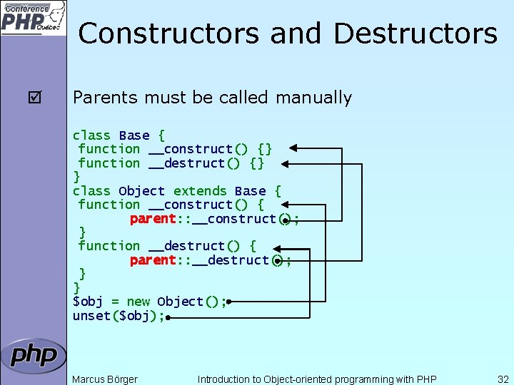 Constructors and Destructors þ Parents must be called manually class Base { function __construct()