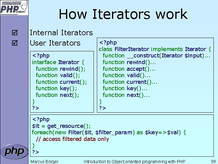 How Iterators work þ þ Internal Iterators User Iterators <? php interface Iterator {