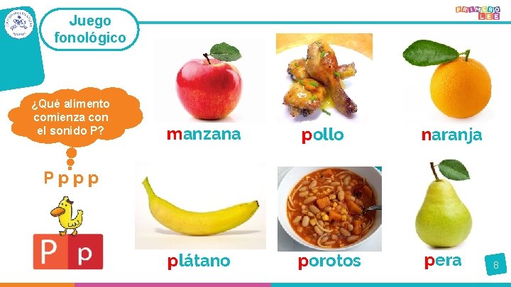 Juego fonológico ¿Qué alimento comienza con el sonido P? manzana pollo naranja plátano porotos