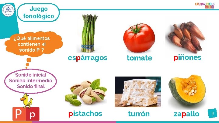 Juego fonológico ¿Qué alimentos contienen el sonido P ? espárragos tomate piñones pistachos turrón