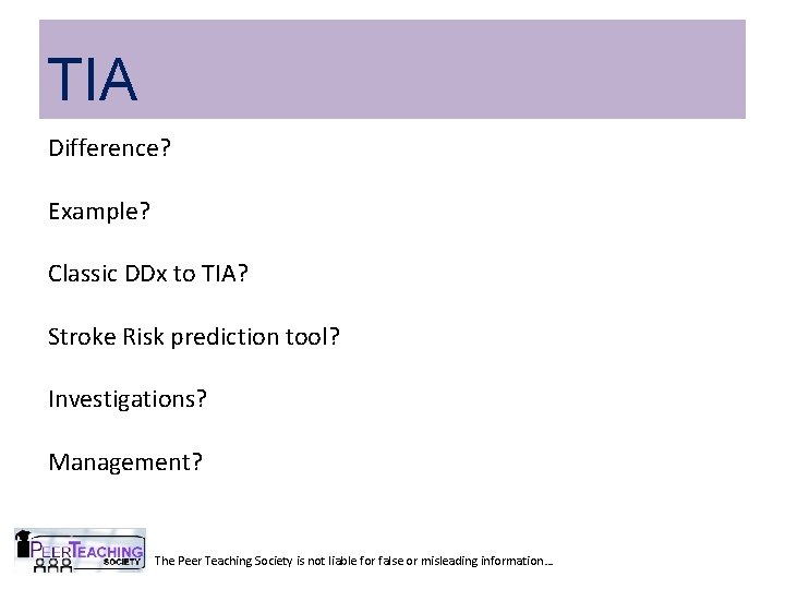 TIA Difference? Example? Classic DDx to TIA? Stroke Risk prediction tool? Investigations? Management? The