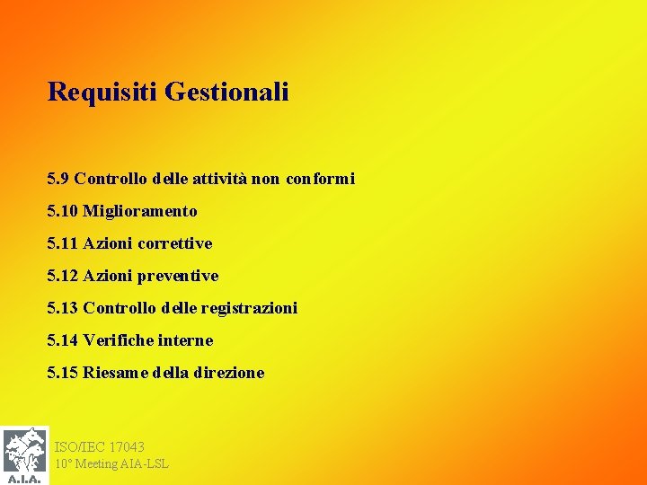 Requisiti Gestionali 5. 9 Controllo delle attività non conformi 5. 10 Miglioramento 5. 11