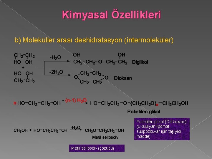 Kimyasal Özellikleri b) Moleküller arası deshidratasyon (intermoleküler) Polietilen glikol (Carbowax) (Eksipiyan=pomat, suppozituvar için taşıyıcı