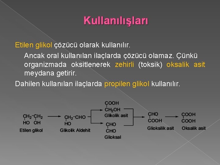 Kullanılışları Etilen glikol çözücü olarak kullanılır. Ancak oral kullanılan ilaçlarda çözücü olamaz. Çünkü organizmada