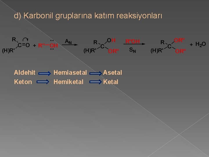 d) Karbonil gruplarına katım reaksiyonları Aldehit Keton Hemiasetal Hemiketal Asetal Ketal 