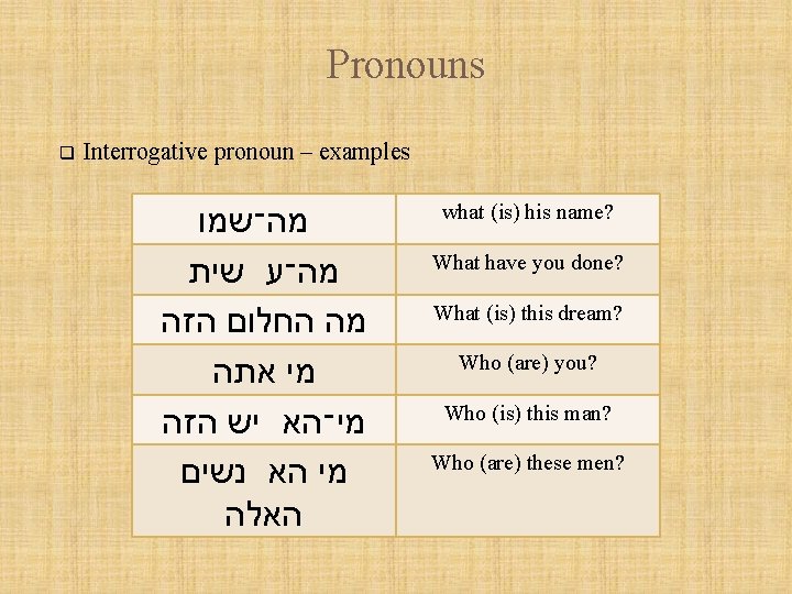 Pronouns q Interrogative pronoun – examples מה־שמו מה־ע שית מה החלום הזה מי אתה
