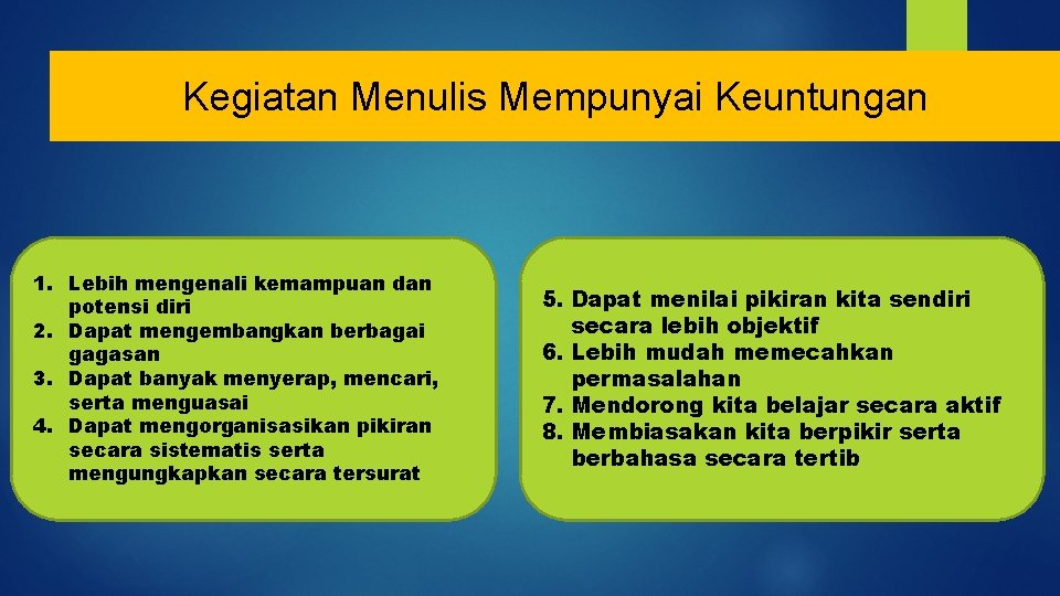 Kegiatan Menulis Mempunyai Keuntungan 1. Lebih mengenali kemampuan dan potensi diri 2. Dapat mengembangkan