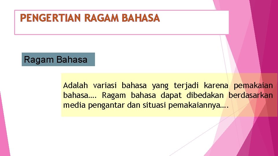 PENGERTIAN RAGAM BAHASA Ragam Bahasa Adalah variasi bahasa yang terjadi karena pemakaian bahasa…. Ragam