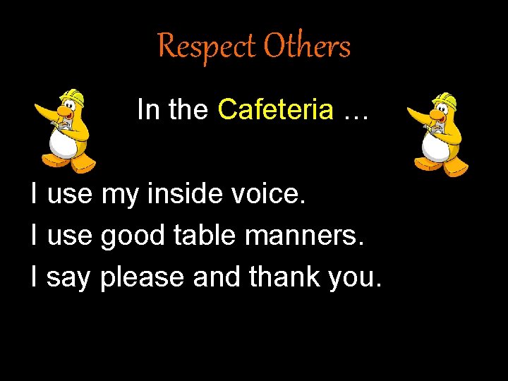 Respect Others In the Cafeteria … I use my inside voice. I use good