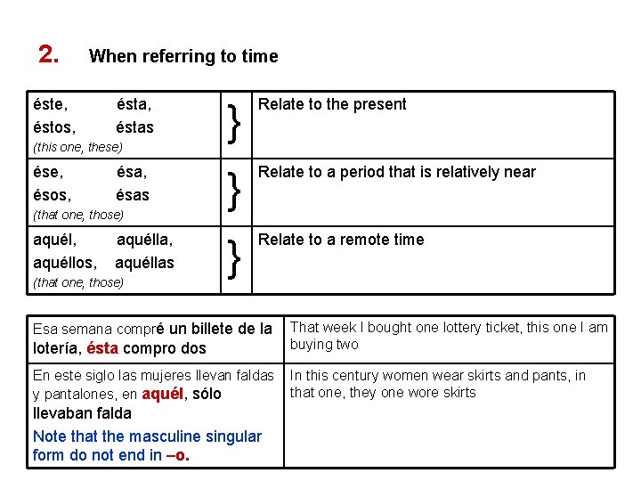 2. When referring to time éste, éstos, ésta, éstas (this one, these) ése, ésos,