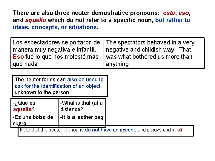 There also three neuter demostrative pronouns: esto, eso, and aquello which do not refer