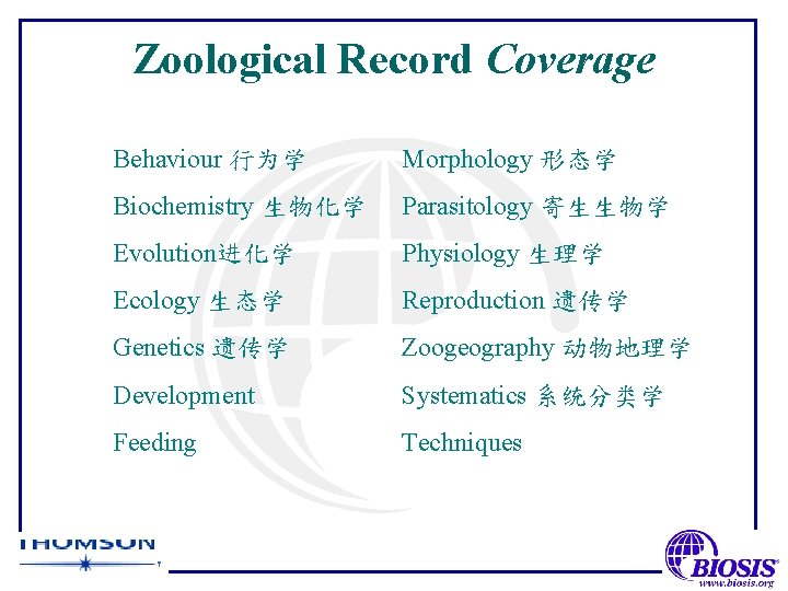 Zoological Record Coverage Behaviour 行为学 Morphology 形态学 Biochemistry 生物化学 Parasitology 寄生生物学 Evolution进化学 Physiology 生理学