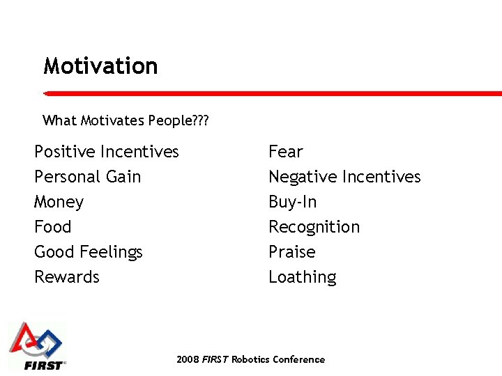 Motivation What Motivates People? ? ? Positive Incentives Personal Gain Money Food Good Feelings