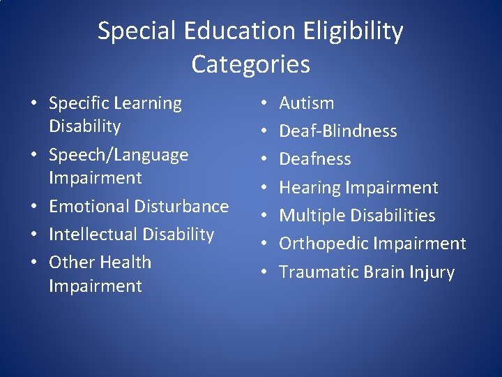 Special Education Eligibility Categories • Specific Learning Disability • Speech/Language Impairment • Emotional Disturbance