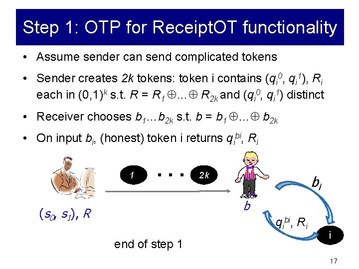 Step 1: OTP for Receipt. OT functionality • Assume sender can send complicated tokens