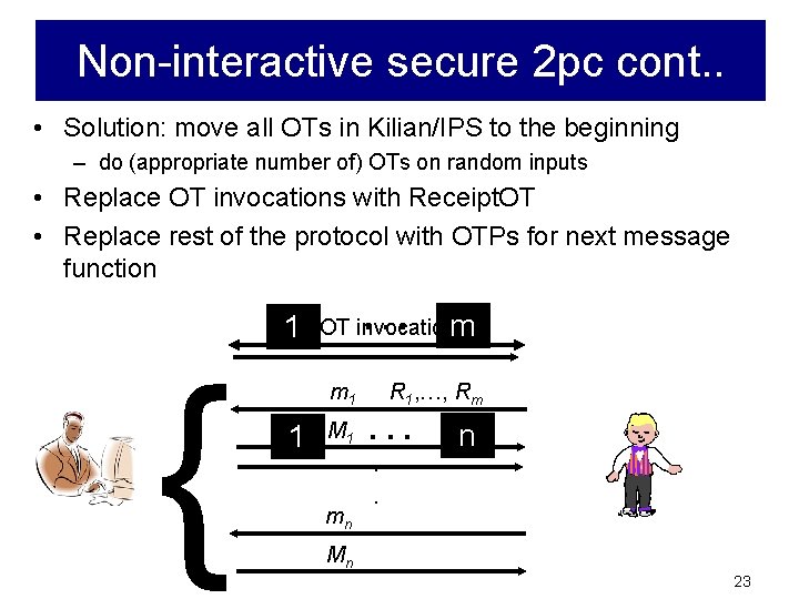 Non-interactive secure 2 pc cont. . • Solution: move all OTs in Kilian/IPS to