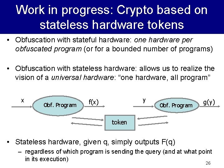 Work in progress: Crypto based on stateless hardware tokens • Obfuscation with stateful hardware: