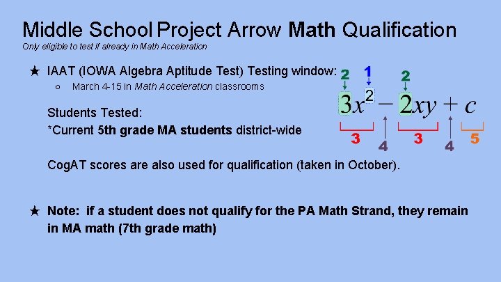 Middle School Project Arrow Math Qualification Only eligible to test if already in Math
