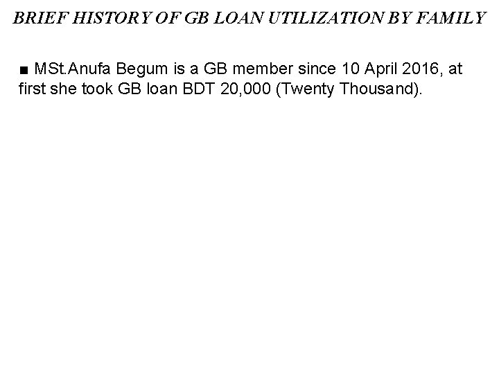 BRIEF HISTORY OF GB LOAN UTILIZATION BY FAMILY ■ MSt. Anufa Begum is a