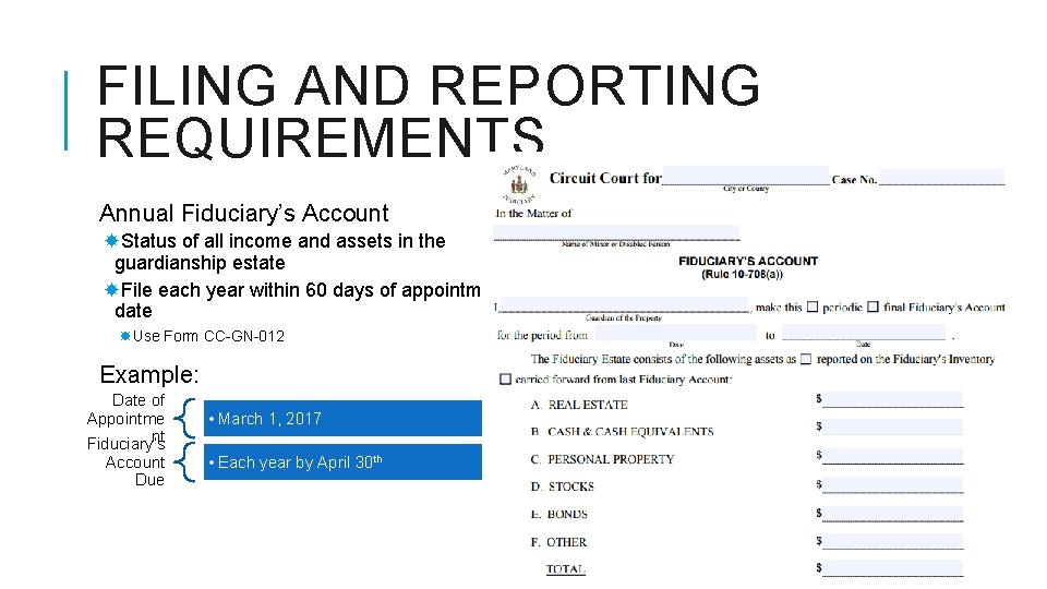 FILING AND REPORTING REQUIREMENTS Annual Fiduciary’s Account Status of all income and assets in