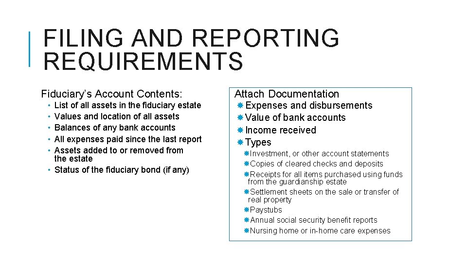 FILING AND REPORTING REQUIREMENTS Fiduciary’s Account Contents: • • • List of all assets