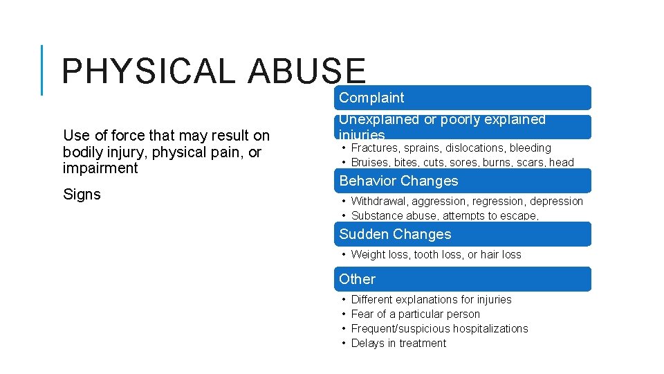 PHYSICAL ABUSE Use of force that may result on bodily injury, physical pain, or