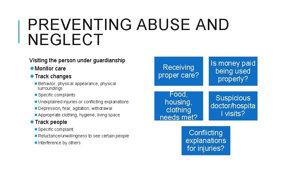 PREVENTING ABUSE AND NEGLECT Visiting the person under guardianship Monitor care Track changes Behavior,