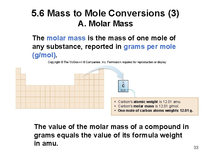 5. 6 Mass to Mole Conversions (3) A. Molar Mass The molar mass is