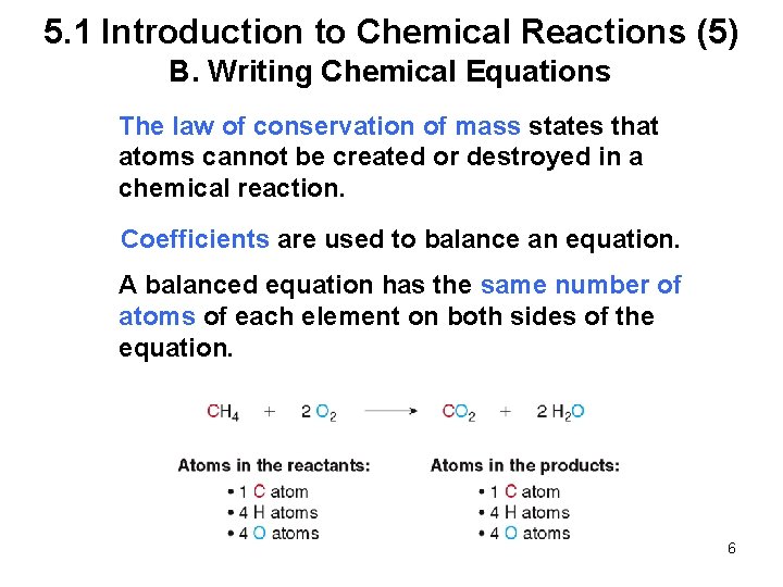 5. 1 Introduction to Chemical Reactions (5) B. Writing Chemical Equations The law of