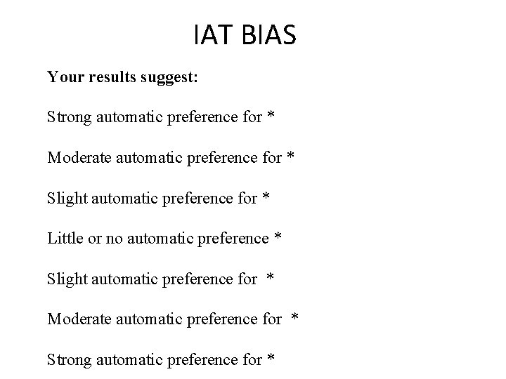 IAT BIAS Your results suggest: Strong automatic preference for * Moderate automatic preference for