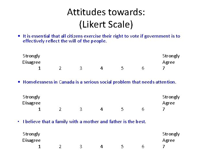 Attitudes towards: (Likert Scale) • It is essential that all citizens exercise their right