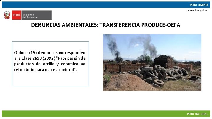 PERÚ LIMPIO www. minam. gob. pe DENUNCIAS AMBIENTALES: TRANSFERENCIA PRODUCE-OEFA Quince (15) denuncias corresponden