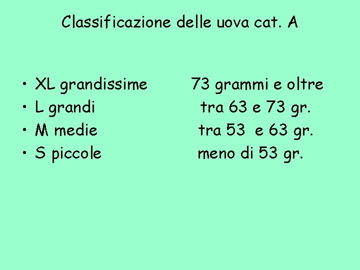 Classificazione delle uova cat. A • • XL grandissime L grandi M medie S