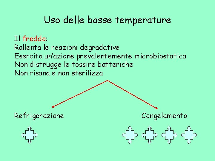 Uso delle basse temperature Il freddo: Rallenta le reazioni degradative Esercita un’azione prevalentemente microbiostatica