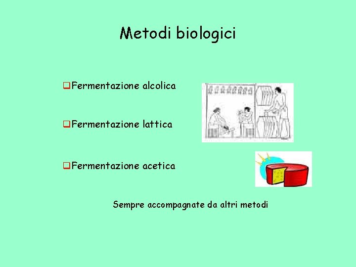 Metodi biologici q. Fermentazione alcolica q. Fermentazione lattica q. Fermentazione acetica Sempre accompagnate da