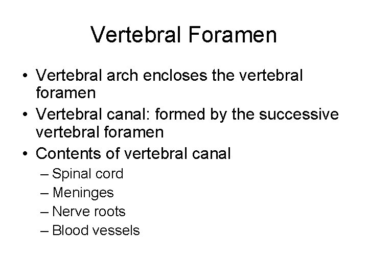 Vertebral Foramen • Vertebral arch encloses the vertebral foramen • Vertebral canal: formed by