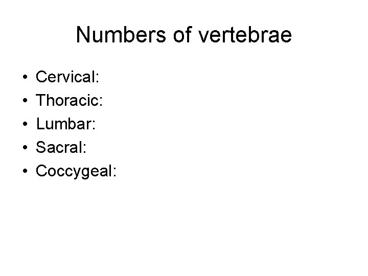 Numbers of vertebrae • • • Cervical: Thoracic: Lumbar: Sacral: Coccygeal: 