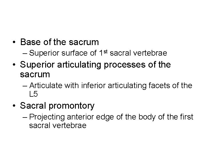  • Base of the sacrum – Superior surface of 1 st sacral vertebrae